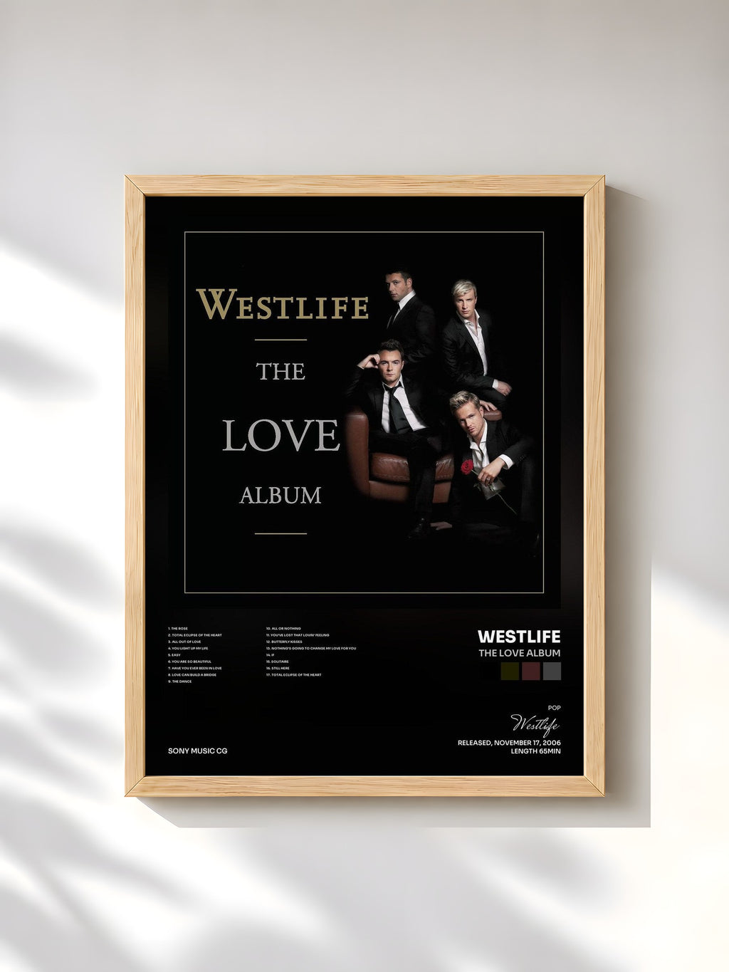 #bois Tableau de l'album The Love Album de Westlife, cadre en bois brut, imprimé et encadré en France