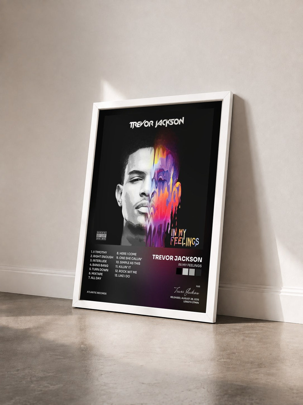 #blanc Tableau de l'album In My Feelings de Trevor Jackson vu de trois quarts, cadre blanc