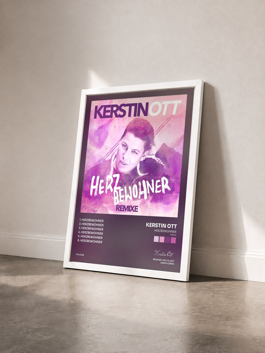#blanc Tableau de l'album Herzbewohner (Remixe) de Kerstin Ott vu de trois quarts, cadre blanc