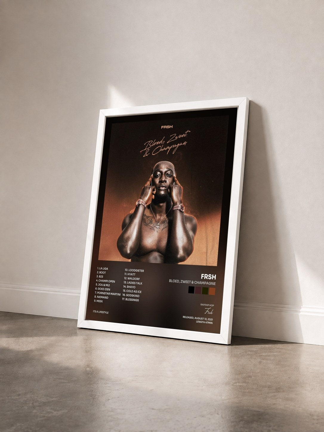 #blanc Tableau de l'album Bloed, Zweet & Champagne de Frsh vu de trois quarts, cadre blanc