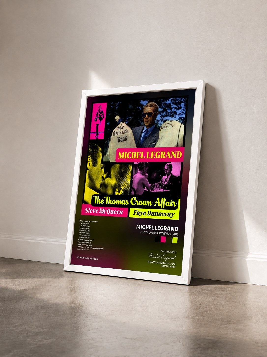 #blanc Tableau de l'album The Thomas Crown Affair de Michel Legrand vu de trois quarts, cadre blanc