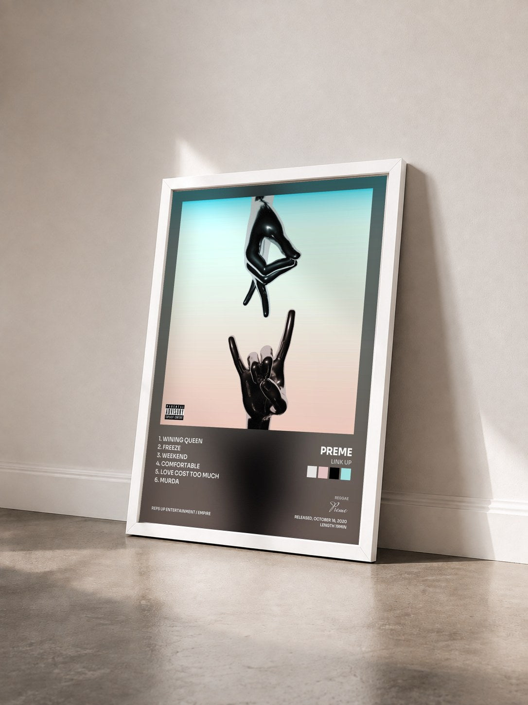 #blanc Tableau de l'album Link Up de Preme vu de trois quarts, cadre blanc