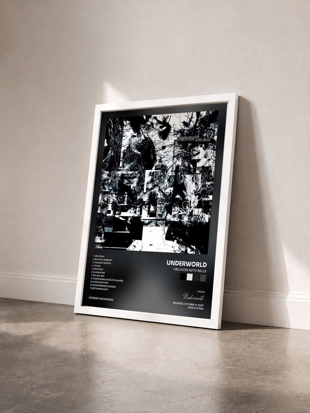 #blanc Tableau de l'album Oblivion With Bells de Underworld vu de trois quarts, cadre blanc