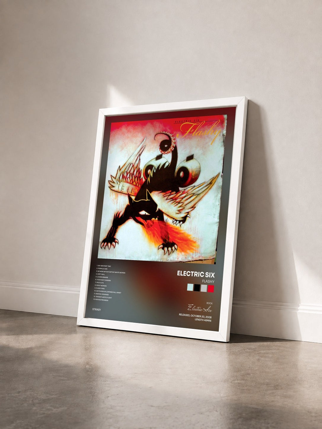 #blanc Tableau de l'album Flashy de Electric Six vu de trois quarts, cadre blanc