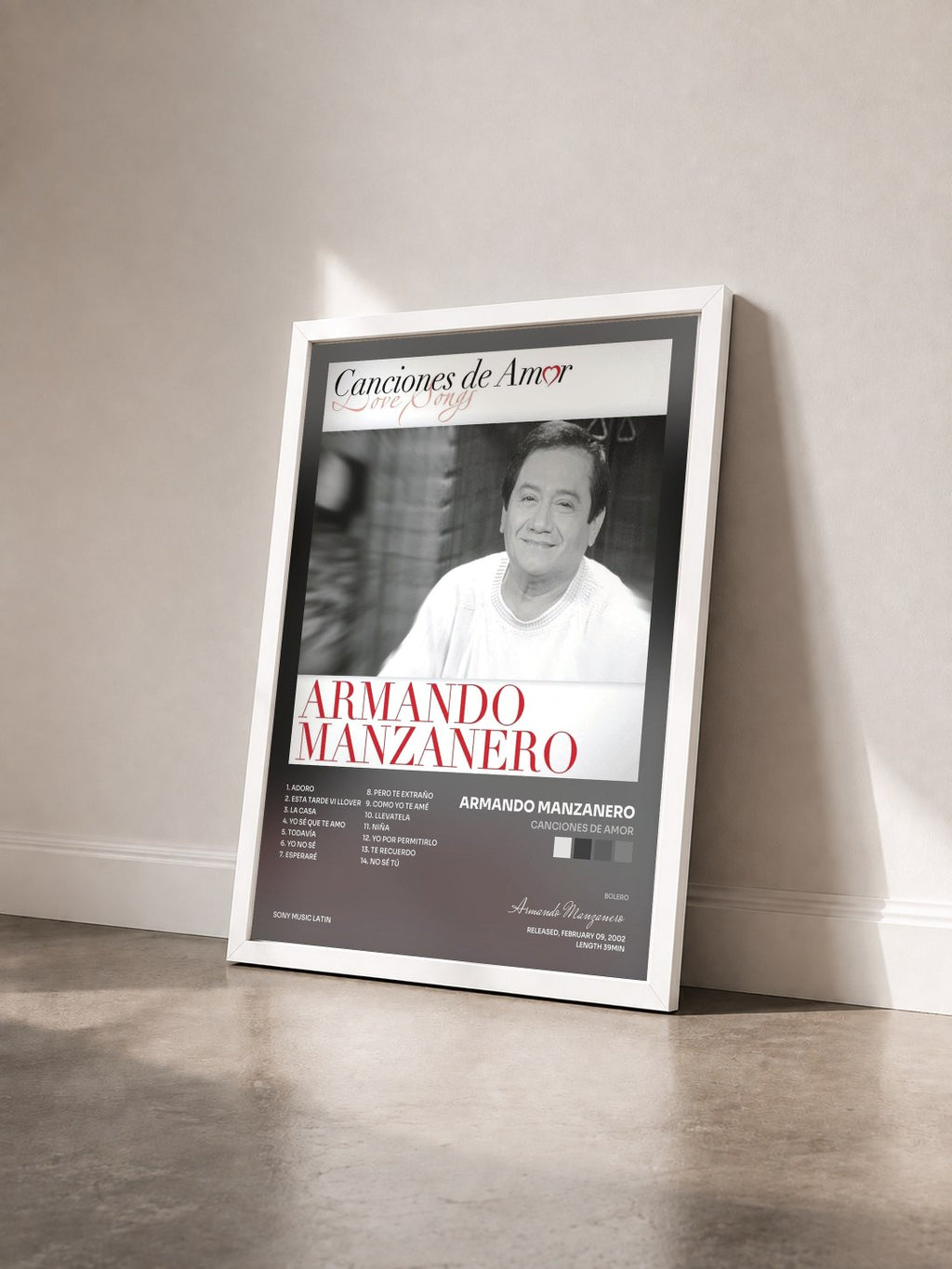 #blanc Tableau de l'album Canciones De Amor de Armando Manzanero vu de trois quarts, cadre blanc