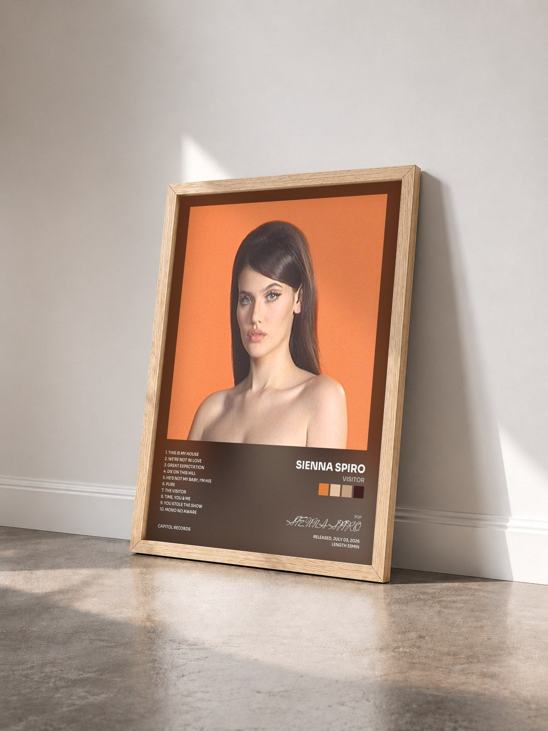 #bois Tableau de l'album Visitor de SIENNA SPIRO vu de trois quarts, cadre en bois brut