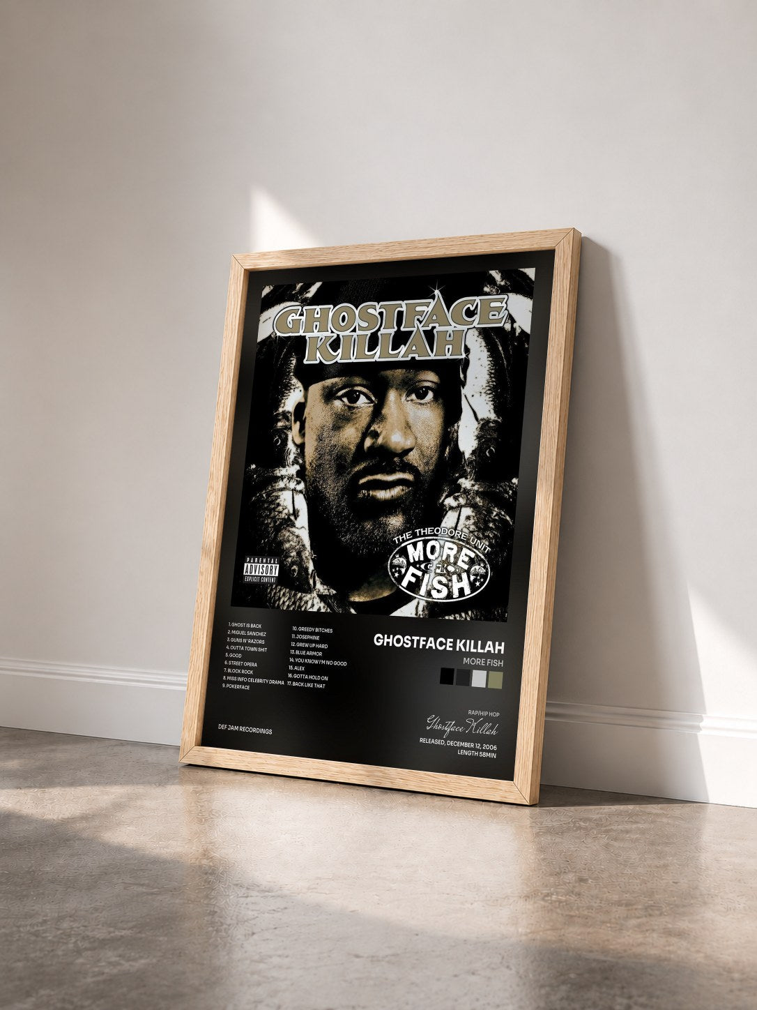 #bois Tableau de l'album More Fish de Ghostface Killah vu de trois quarts, cadre en bois brut