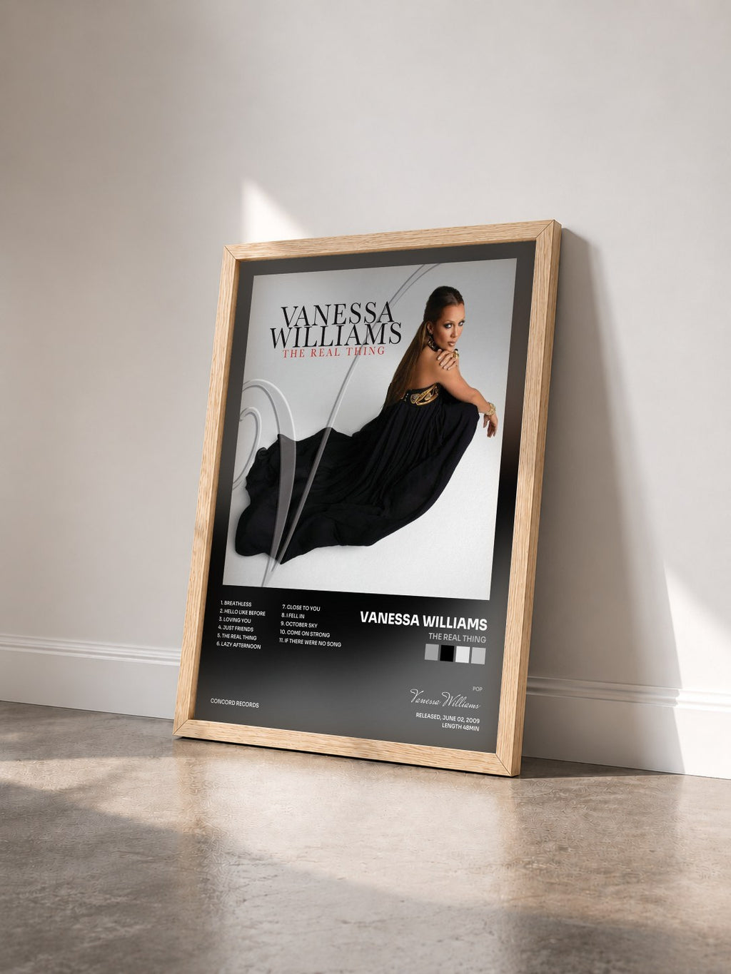#bois Tableau de l'album The Real Thing de Vanessa Williams vu de trois quarts, cadre en bois brut