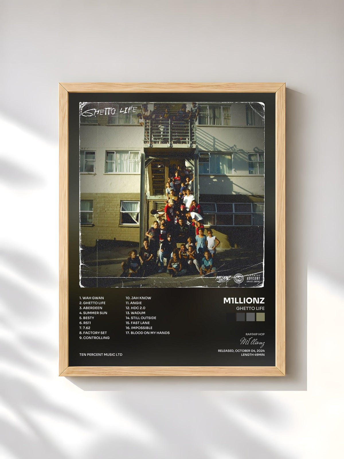 #bois Tableau de l'album Ghetto Life de M1llionz, cadre en bois brut, imprimé et encadré en France