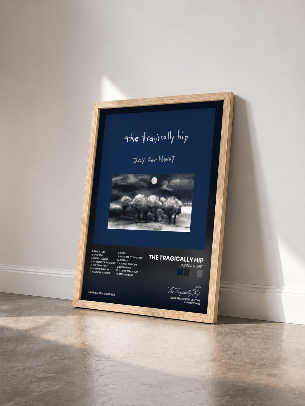 #bois Tableau de l'album Day For Night de The Tragically Hip vu de trois quarts, cadre en bois brut