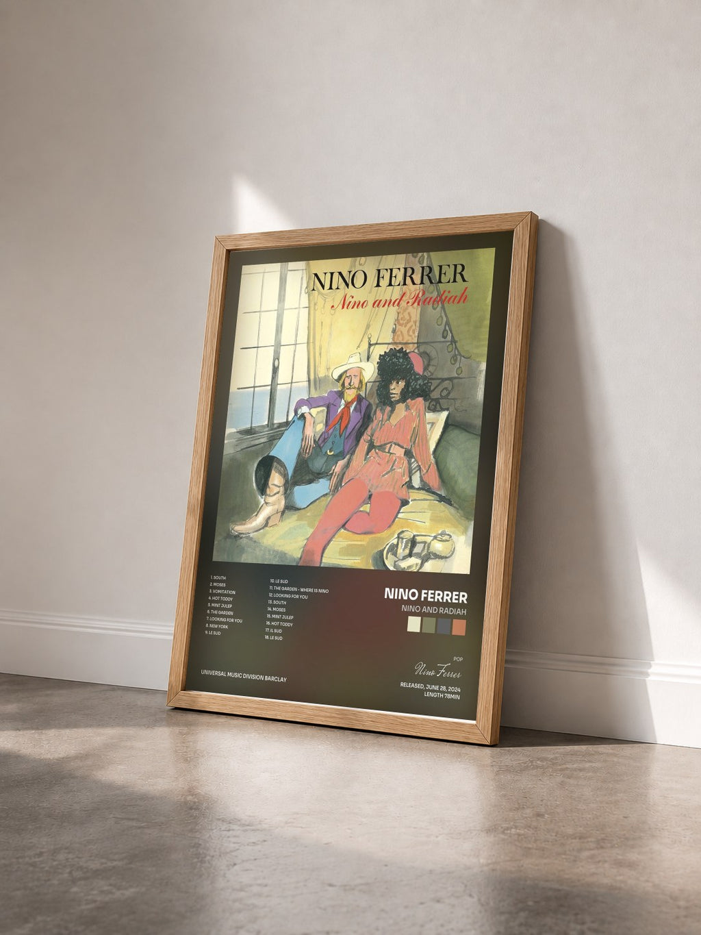 #bois Tableau de l'album Nino and Radiah de Nino Ferrer vu de trois quarts, cadre en bois brut