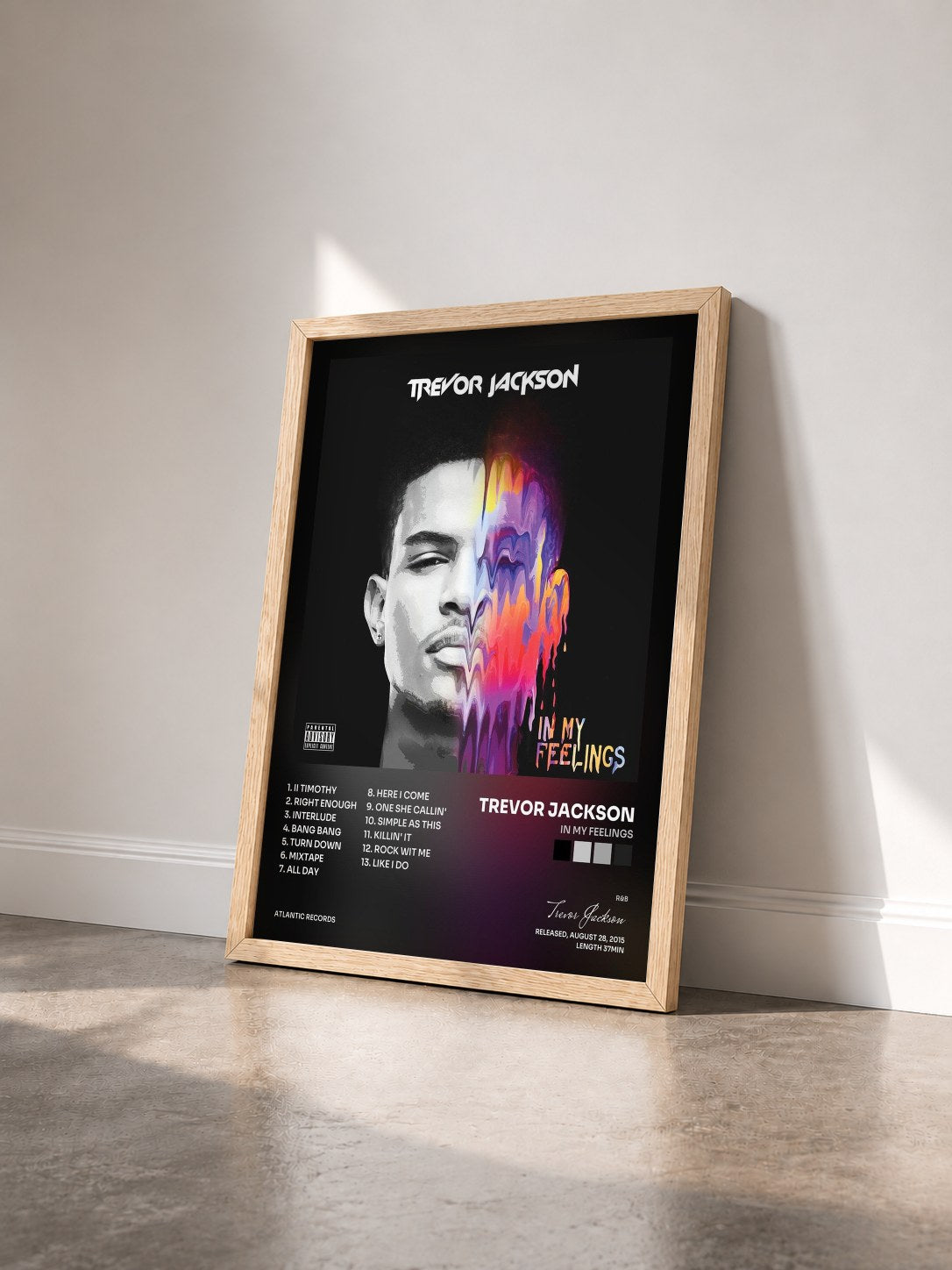 #bois Tableau de l'album In My Feelings de Trevor Jackson vu de trois quarts, cadre en bois brut