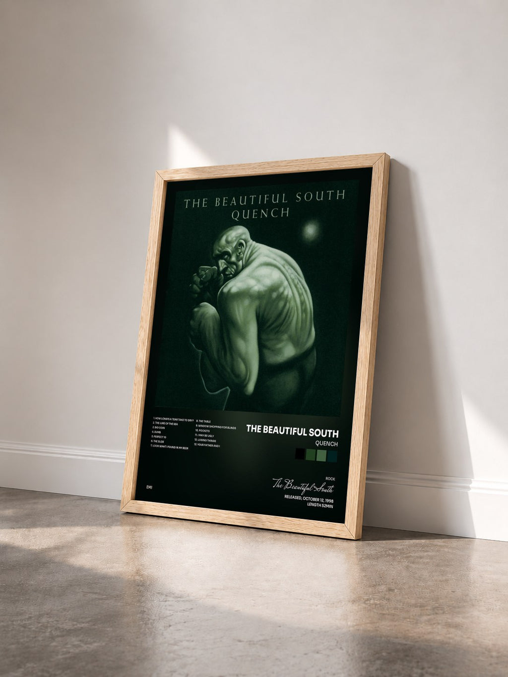 #bois Tableau de l'album Quench de The Beautiful South vu de trois quarts, cadre en bois brut
