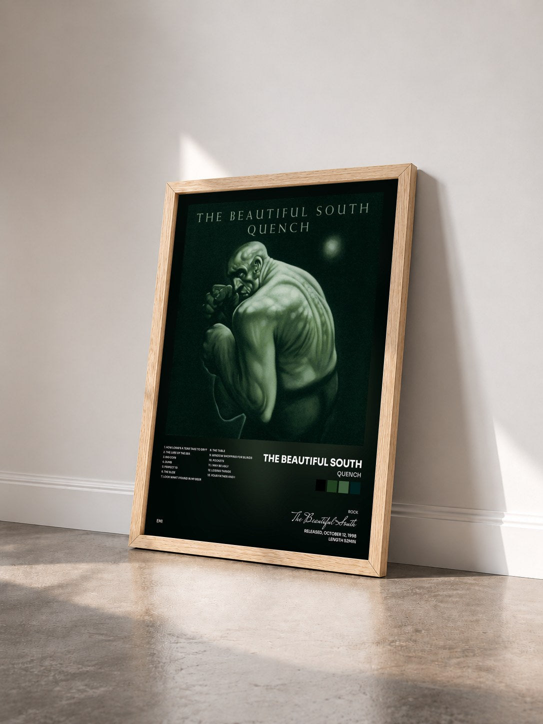 #bois Tableau de l'album Quench de The Beautiful South vu de trois quarts, cadre en bois brut
