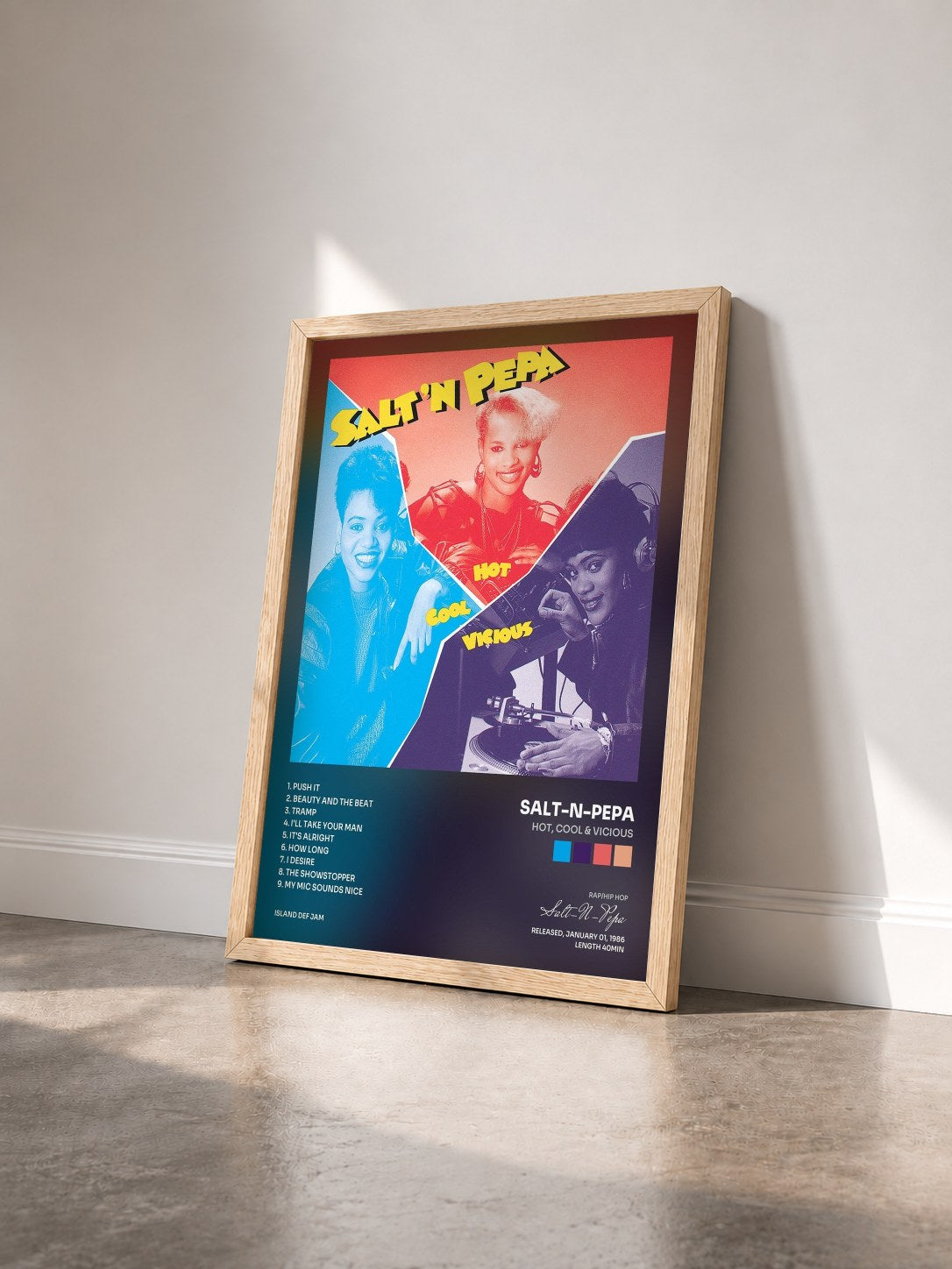 #bois Tableau de l'album Hot, Cool & Vicious de Salt-N-Pepa vu de trois quarts, cadre en bois brut