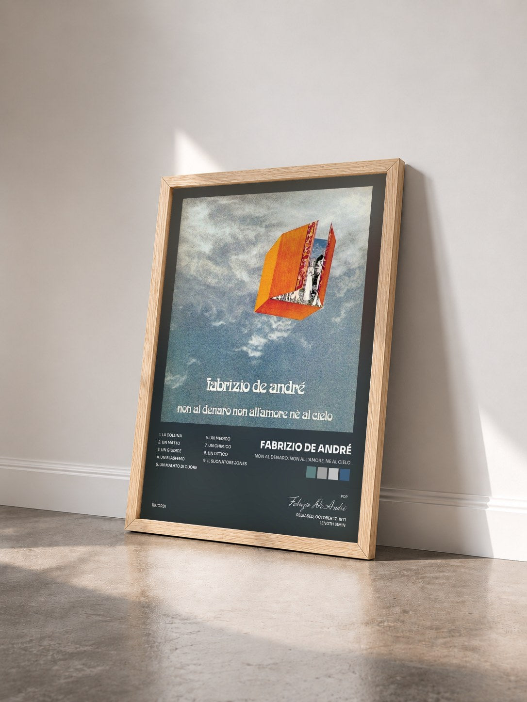 #bois Tableau de l'album Non Al Denaro, Non All'Amore, Ne Al Cielo de Fabrizio De André vu de trois quarts, cadre en bois brut
