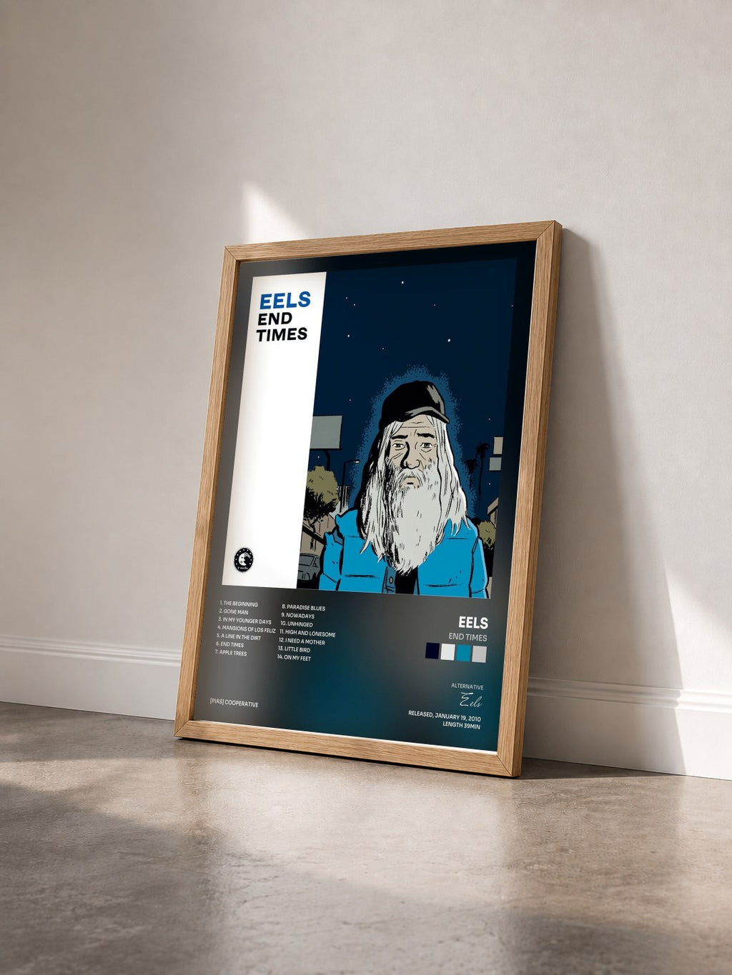 #bois Tableau de l'album End Times de Eels vu de trois quarts, cadre en bois brut