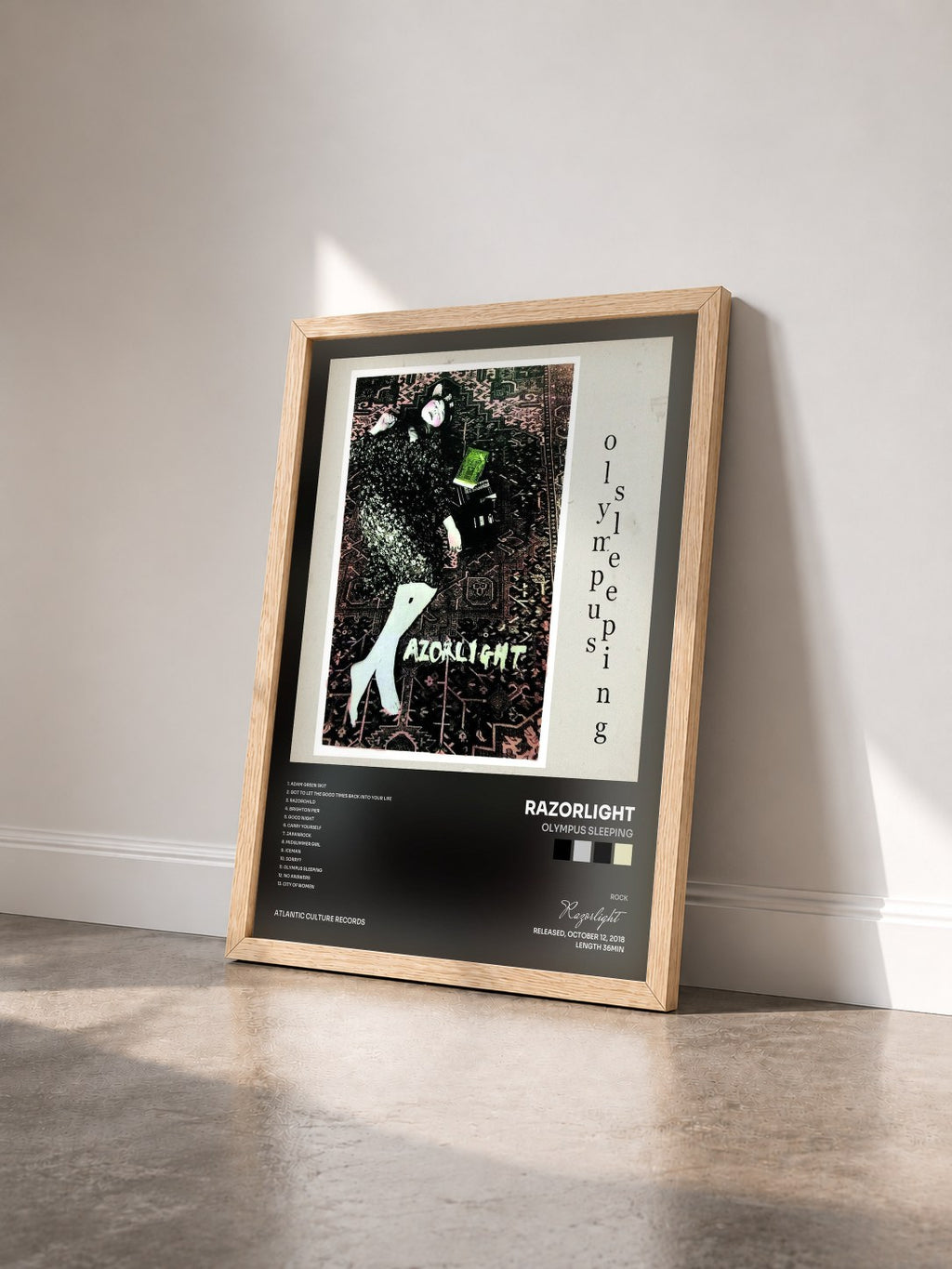 #bois Tableau de l'album Olympus Sleeping de Razorlight vu de trois quarts, cadre en bois brut