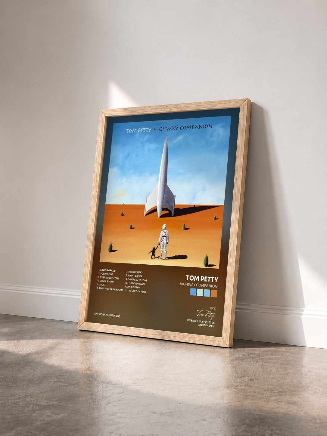 #bois Tableau de l'album Highway Companion de Tom Petty vu de trois quarts, cadre en bois brut