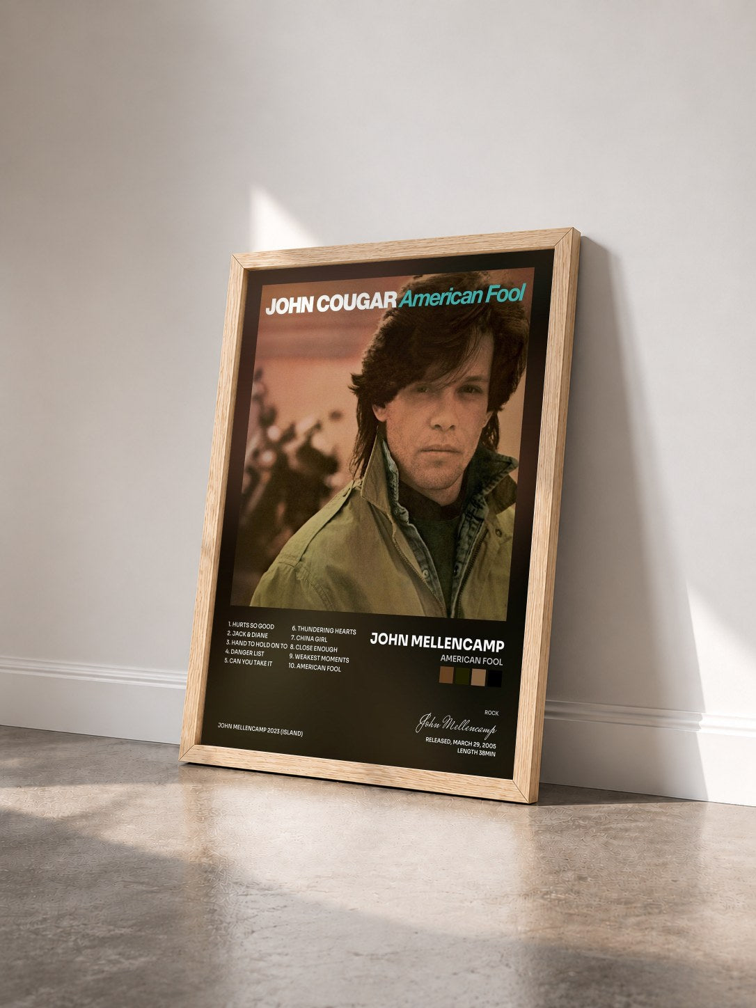 #bois Tableau de l'album American Fool de John Mellencamp vu de trois quarts, cadre en bois brut