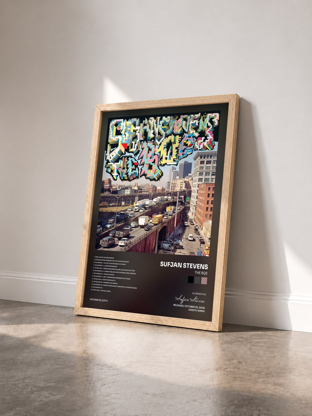 #bois Tableau de l'album The BQE de Sufjan Stevens vu de trois quarts, cadre en bois brut
