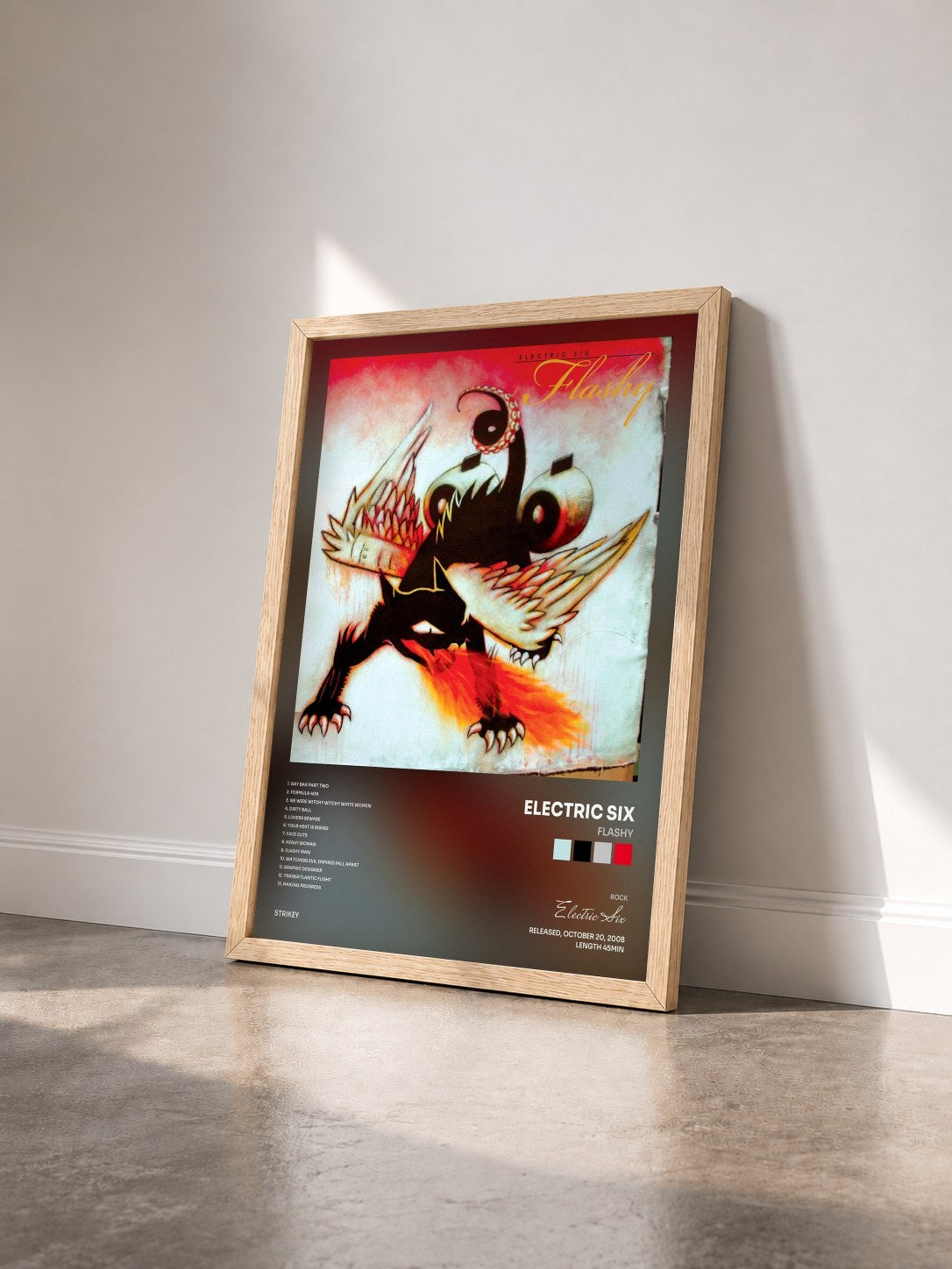 #bois Tableau de l'album Flashy de Electric Six vu de trois quarts, cadre en bois brut