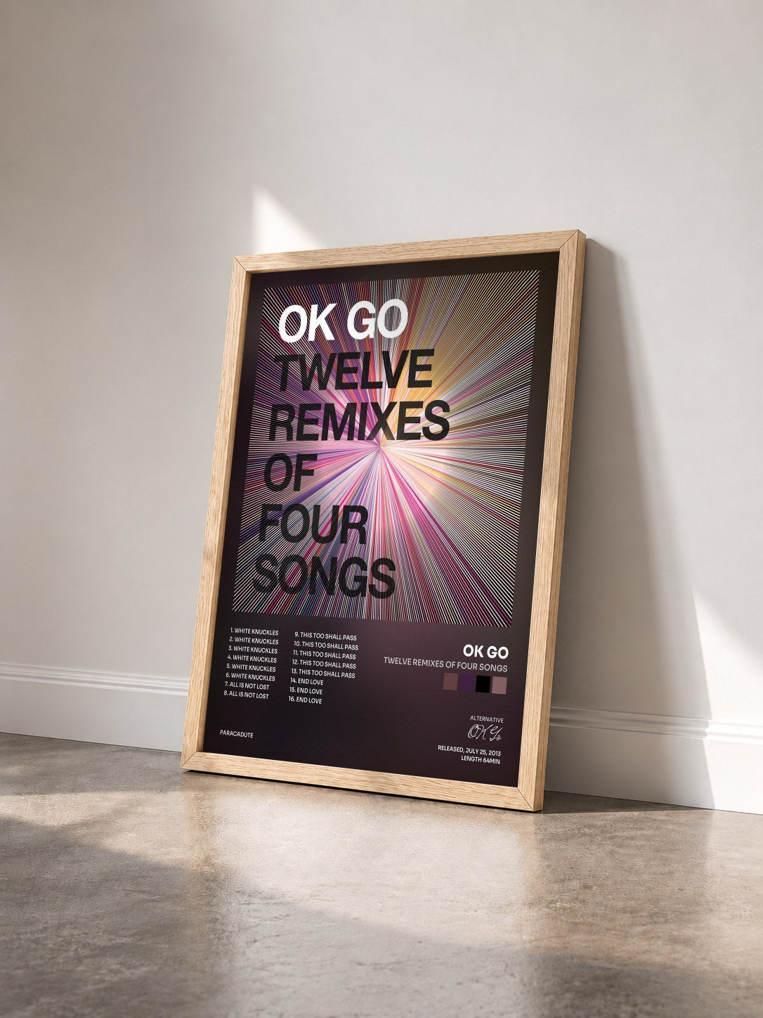 #bois Tableau de l'album Twelve Remixes of Four Songs de OK Go vu de trois quarts, cadre en bois brut
