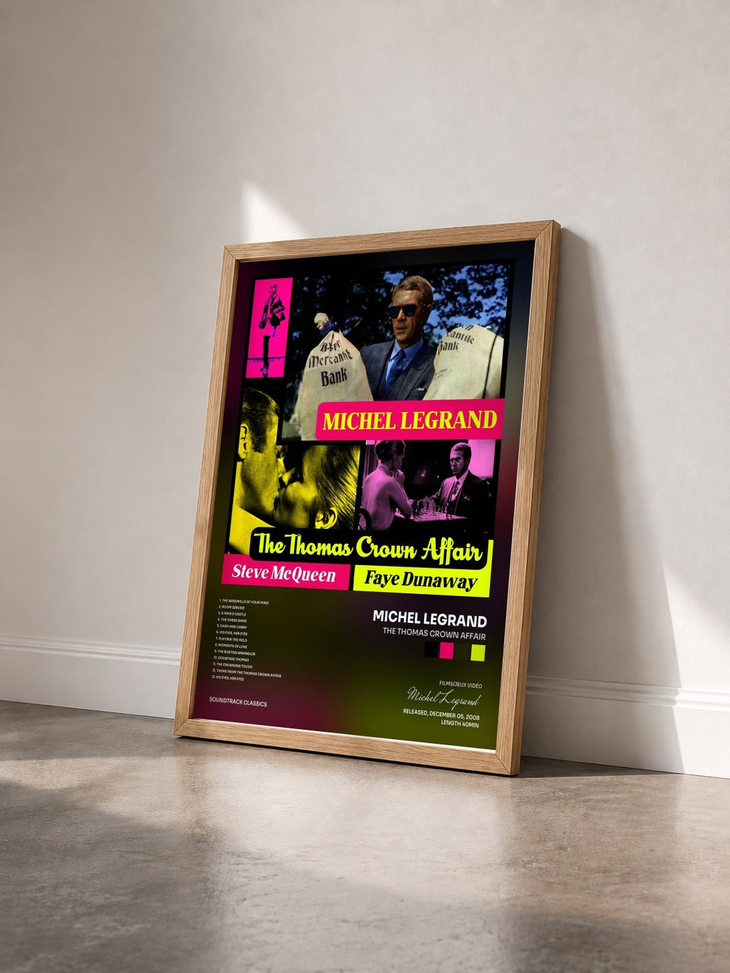 #bois Tableau de l'album The Thomas Crown Affair de Michel Legrand vu de trois quarts, cadre en bois brut