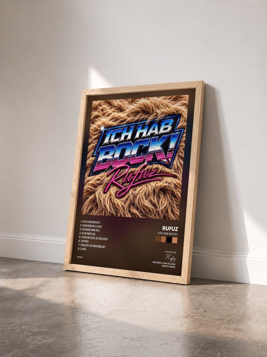 #bois Tableau de l'album Ich hab Bock! de Rufuz vu de trois quarts, cadre en bois brut