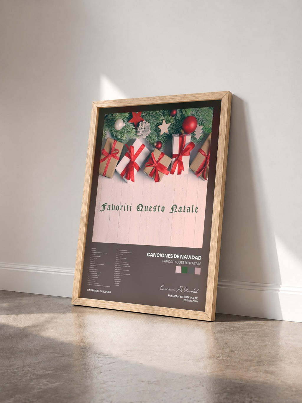 #bois Tableau de l'album Favoriti Questo Natale de Canciones De Navidad vu de trois quarts, cadre en bois brut