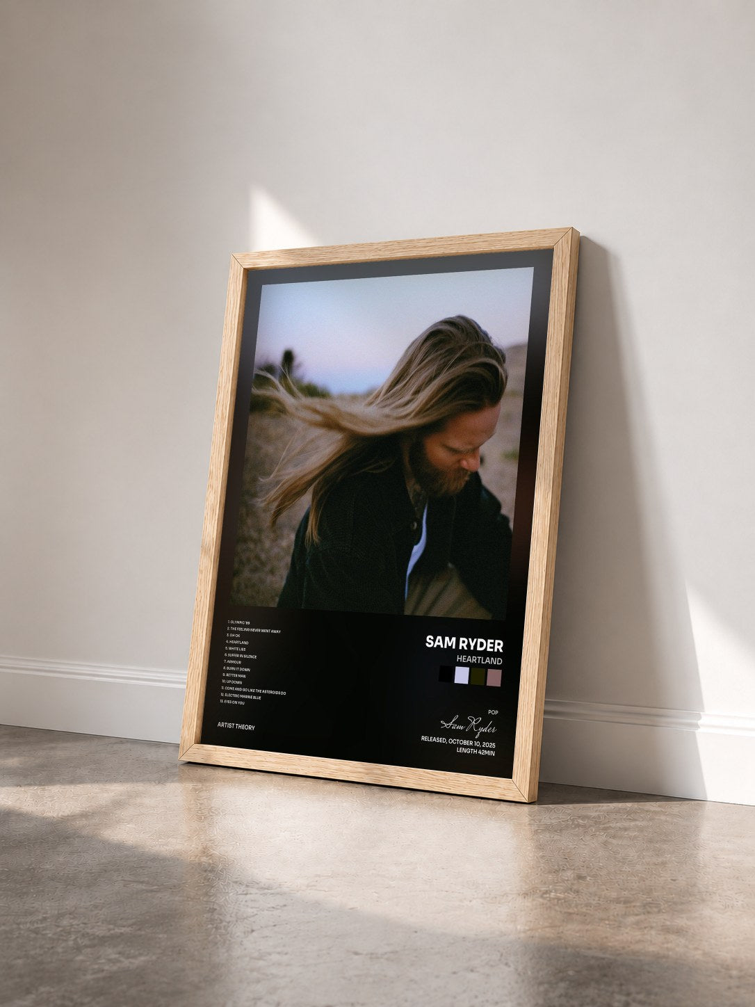 #bois Tableau de l'album Heartland de Sam Ryder vu de trois quarts, cadre en bois brut