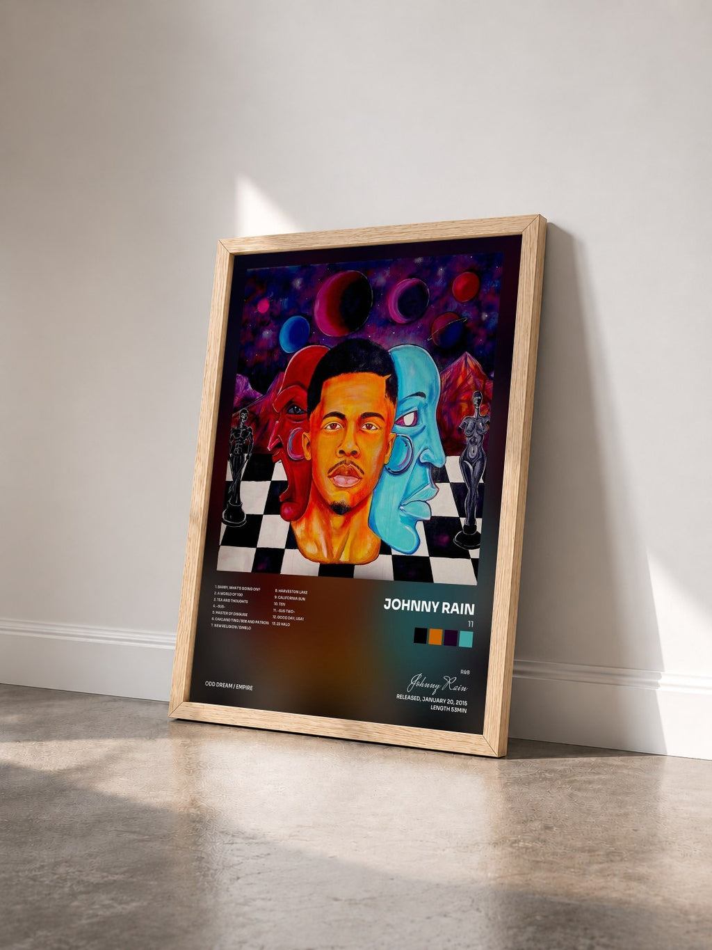 #bois Tableau de l'album 11 de Johnny Rain vu de trois quarts, cadre en bois brut