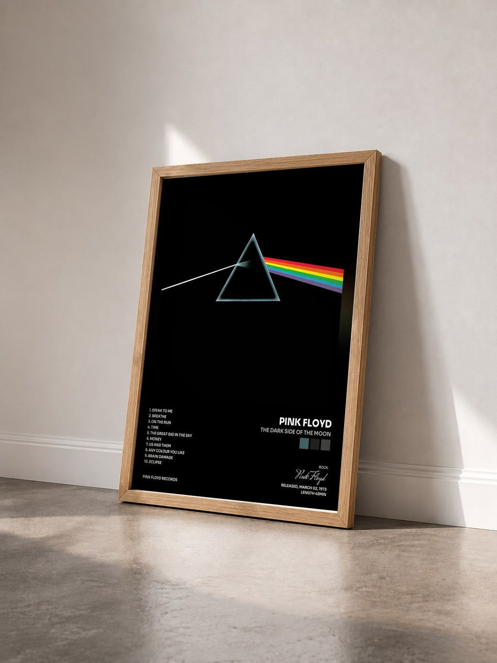 #bois Tableau de l'album The Dark Side of the Moon de Pink Floyd vu de trois quarts, cadre en bois brut