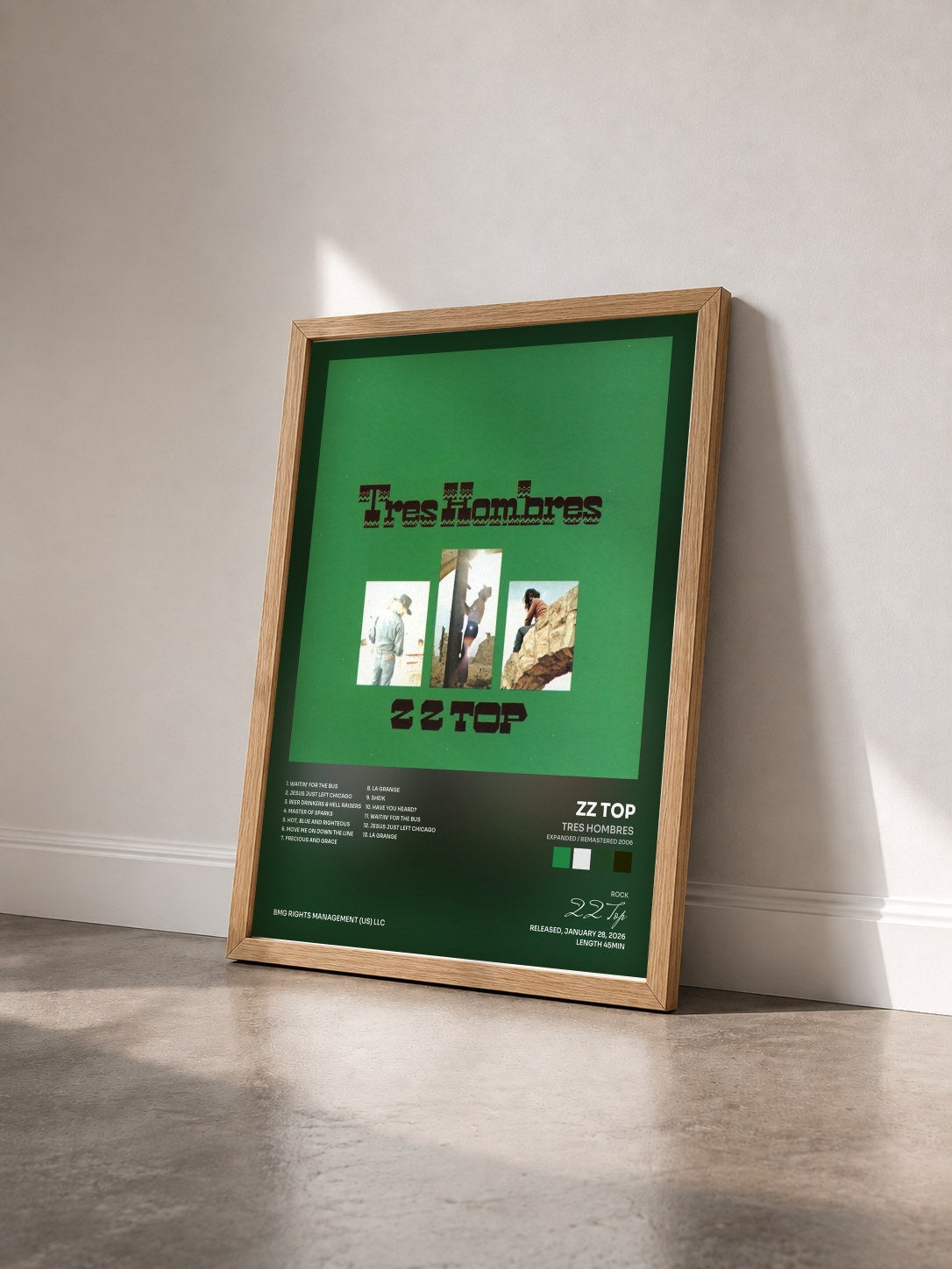 #bois Tableau de l'album Tres Hombres (Expanded / Remastered 2006) de ZZ Top vu de trois quarts, cadre en bois brut