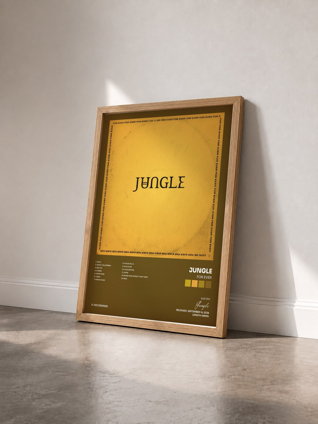 #bois Tableau de l'album For Ever de Jungle vu de trois quarts, cadre en bois brut