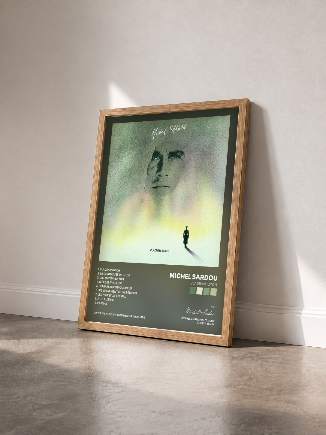 #bois Tableau de l'album Vladimir Ilitch de Michel Sardou vu de trois quarts, cadre en bois brut