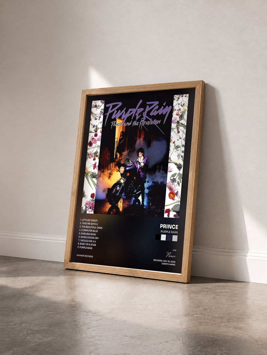 #bois Tableau de l'album Purple Rain de Prince vu de trois quarts, cadre en bois brut