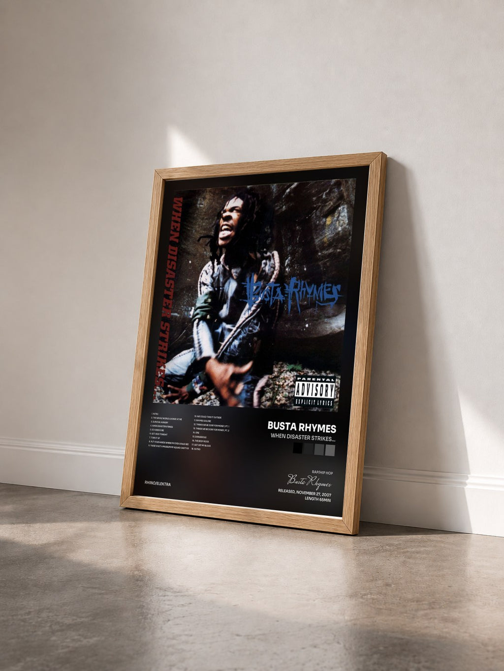 #bois Tableau de l'album When Disaster Strikes... de Busta Rhymes vu de trois quarts, cadre en bois brut