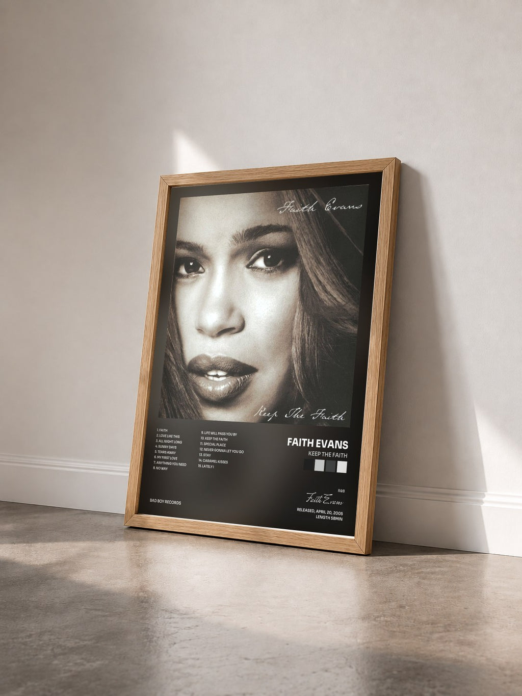 #bois Tableau de l'album Keep the Faith de Faith Evans vu de trois quarts, cadre en bois brut