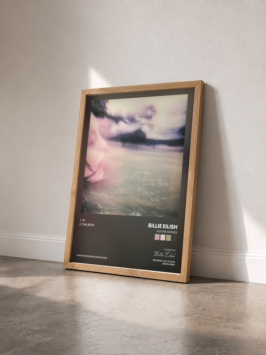 #bois Tableau de l'album Guitar Songs de Billie Eilish vu de trois quarts, cadre en bois brut
