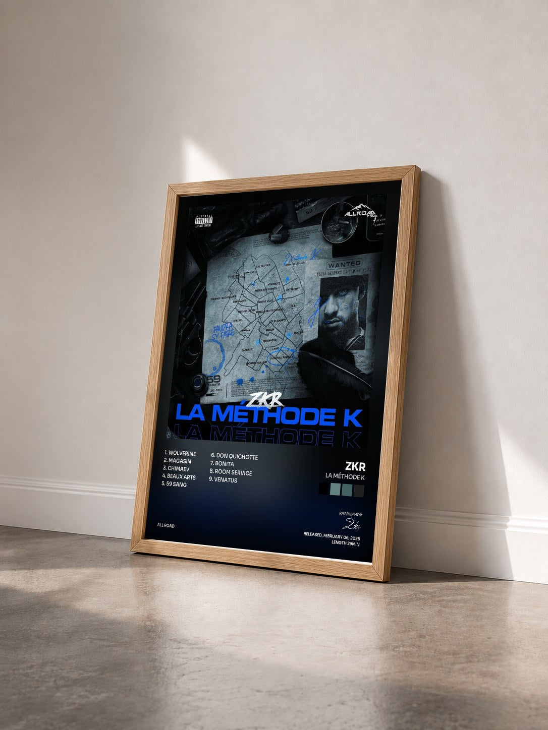 #bois Tableau de l'album La Méthode K de Zkr vu de trois quarts, cadre en bois brut