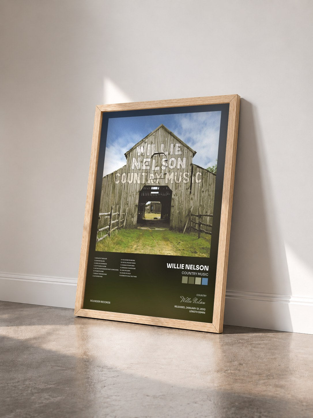 #bois Tableau de l'album Country Music de Willie Nelson vu de trois quarts, cadre en bois brut