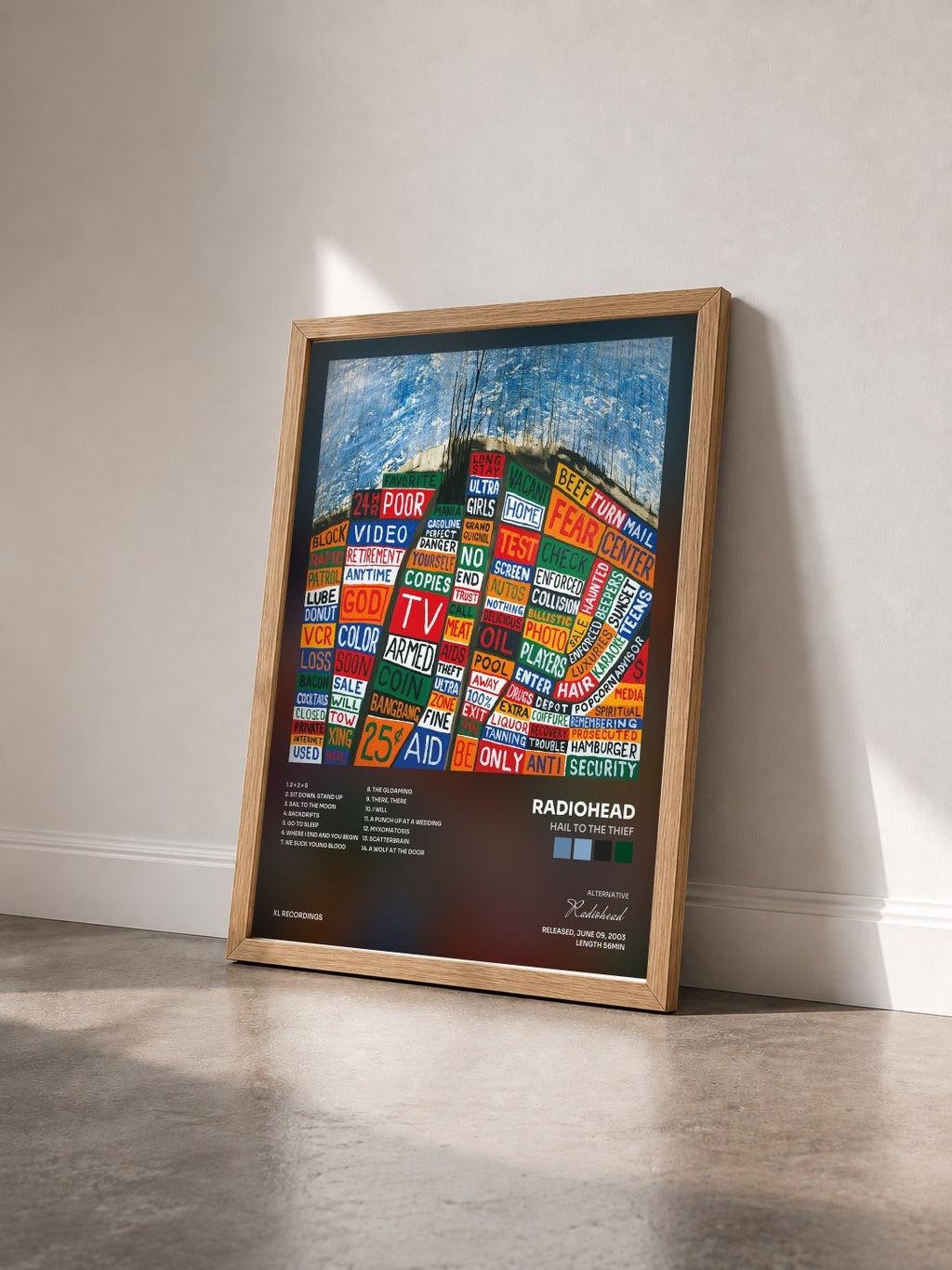 #bois Tableau de l'album Hail To the Thief de Radiohead vu de trois quarts, cadre en bois brut
