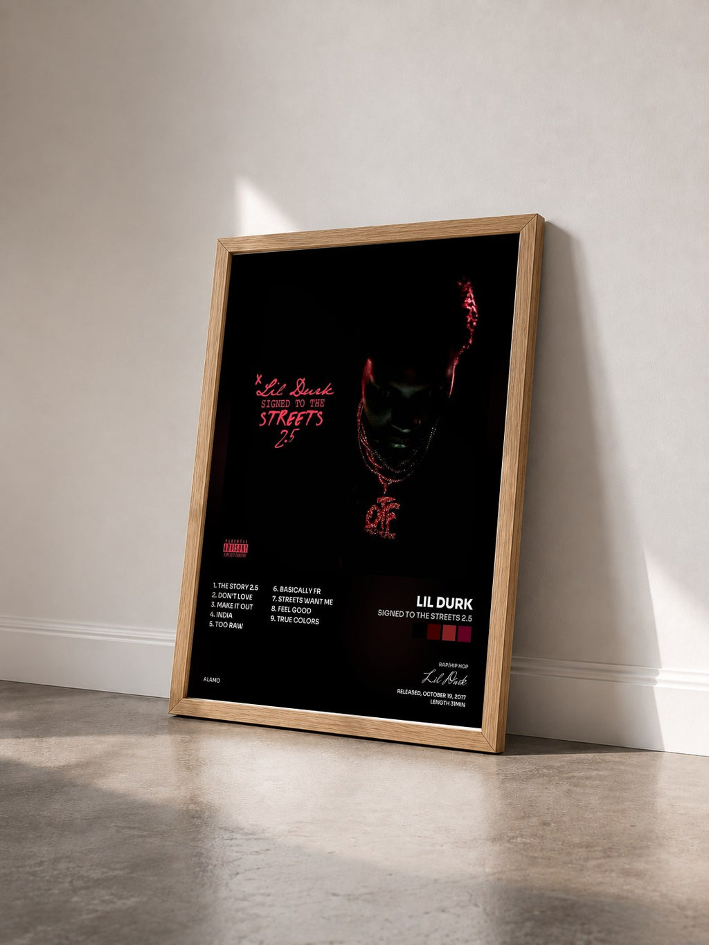 #bois Tableau de l'album Signed to the Streets 2.5 de Lil Durk vu de trois quarts, cadre en bois brut