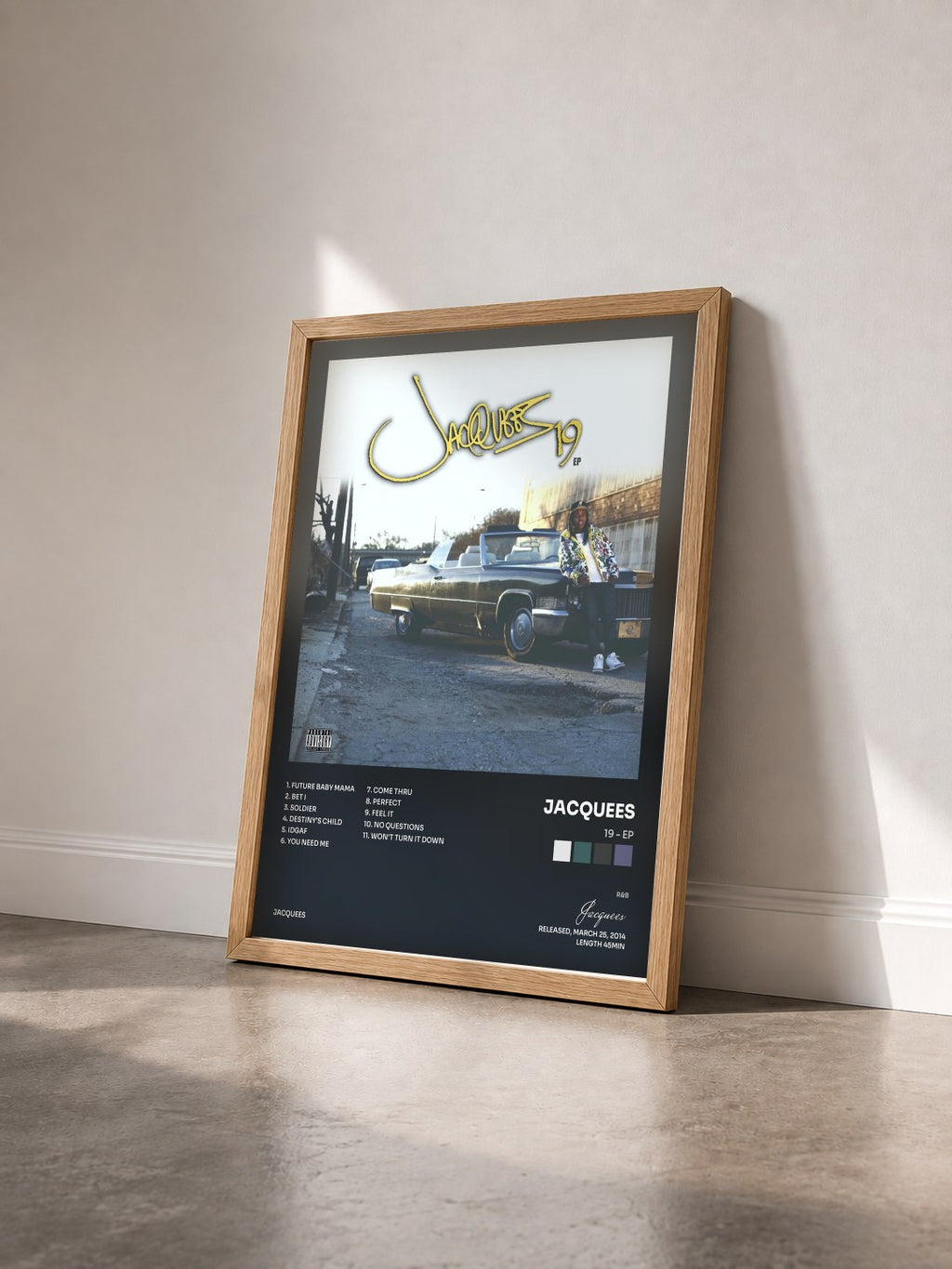 #bois Tableau de l'album 19 - EP de Jacquees vu de trois quarts, cadre en bois brut