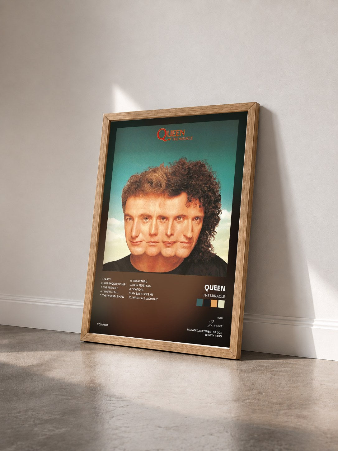 #bois Tableau de l'album The Miracle de Queen vu de trois quarts, cadre en bois brut