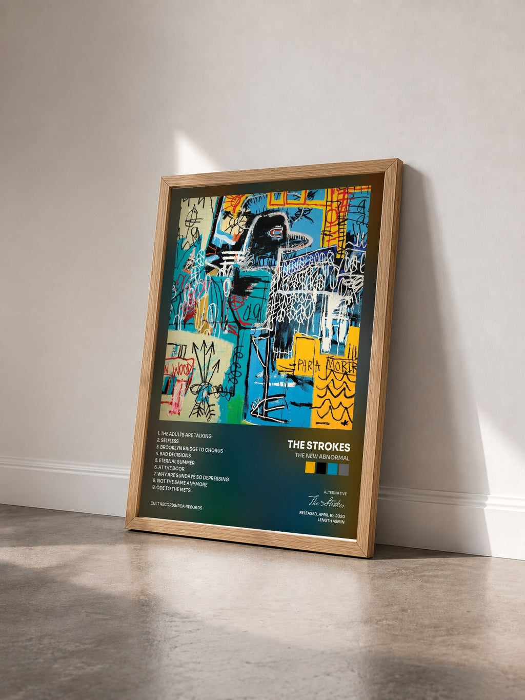 #bois Tableau de l'album The New Abnormal de The Strokes vu de trois quarts, cadre en bois brut