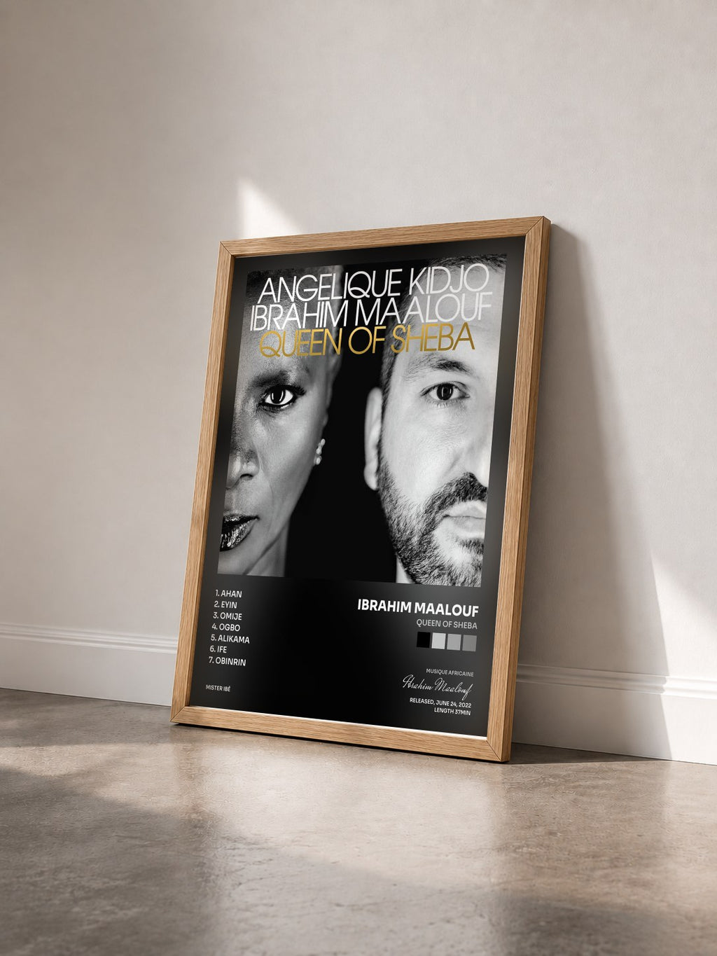 #bois Tableau de l'album Queen of Sheba de Ibrahim Maalouf vu de trois quarts, cadre en bois brut