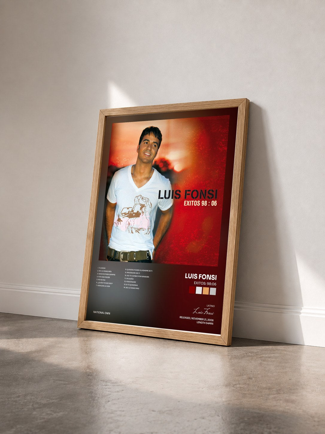 #bois Tableau de l'album Exitos: 98:06 de Luis Fonsi vu de trois quarts, cadre en bois brut