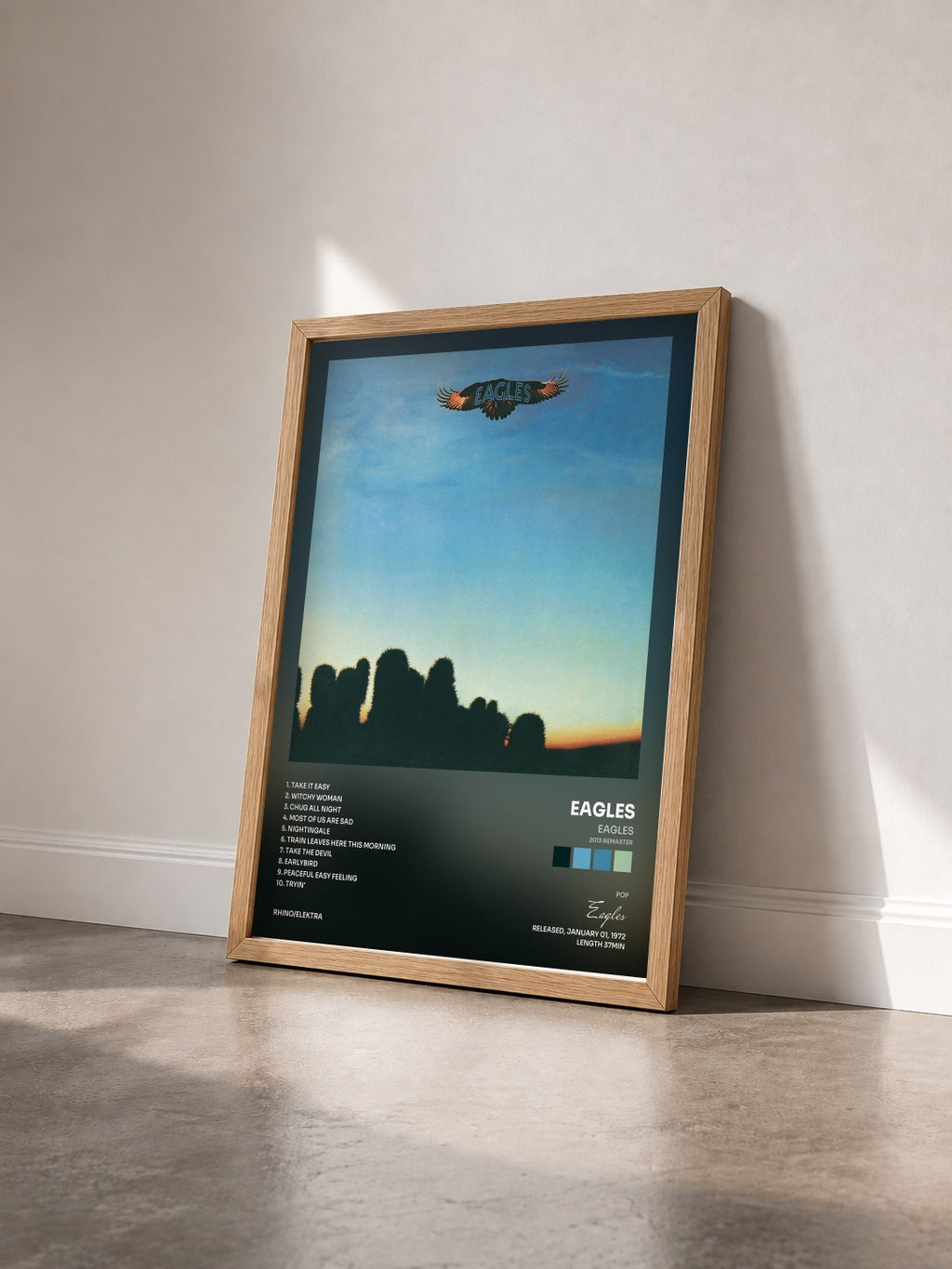 #bois Tableau de l'album Eagles (2013 Remaster) de Eagles vu de trois quarts, cadre en bois brut